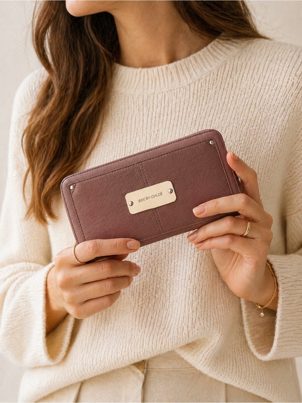See By Chloé Mauve Leather Zip Wallet with Gold Plaque